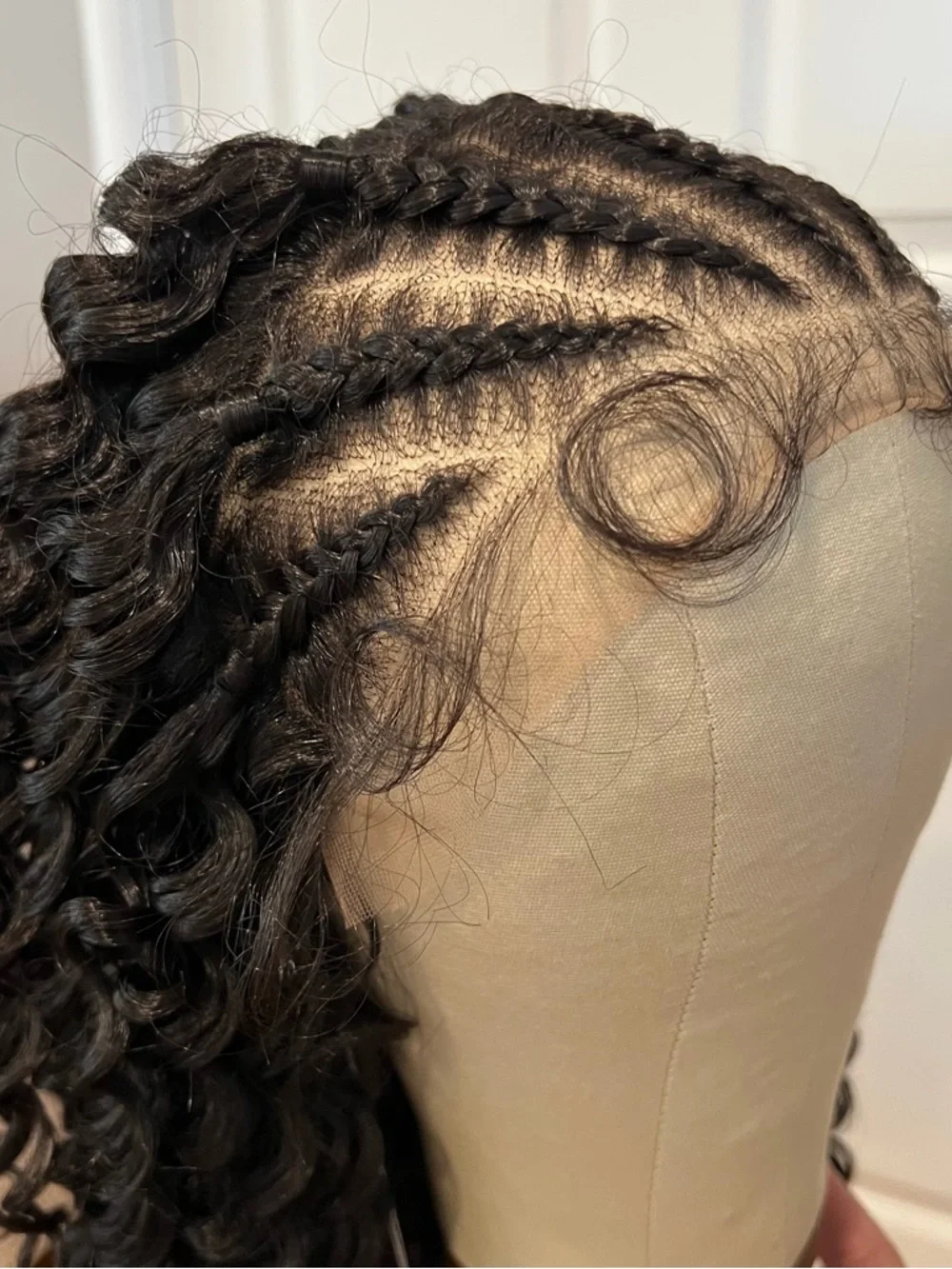 Synthetic 16” Natural Black Curly Lace Front Wig with Cornrowed Parts It#UC9